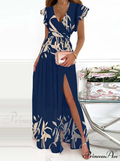 Gown Women’s Solid Butterfly Warm-Season High Party Fork Split Slim V Full-Length Arm Brief Neck