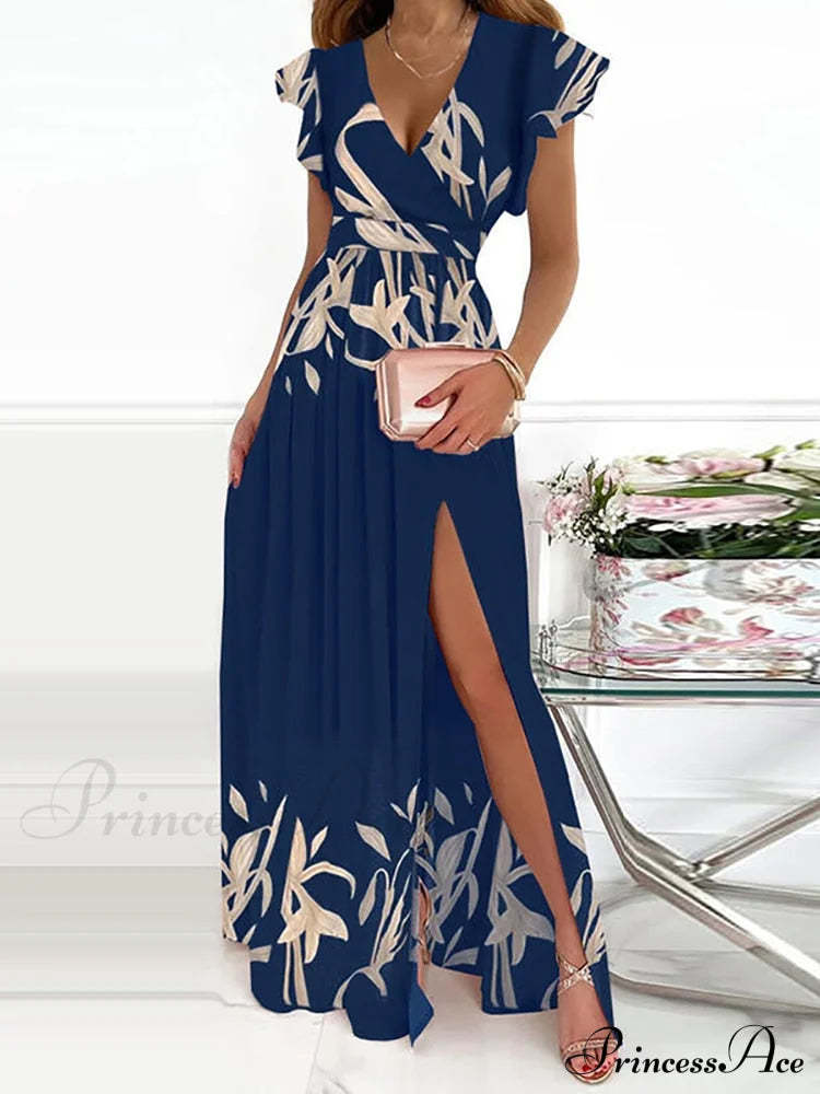 Gown Women’s Solid Butterfly Warm-Season High Party Fork Split Slim V Full-Length Arm Brief Neck