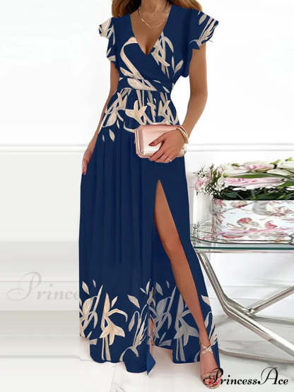 Gown Women’s Solid Butterfly Warm-Season High Party Fork Split Slim V Full-Length Arm Brief Neck