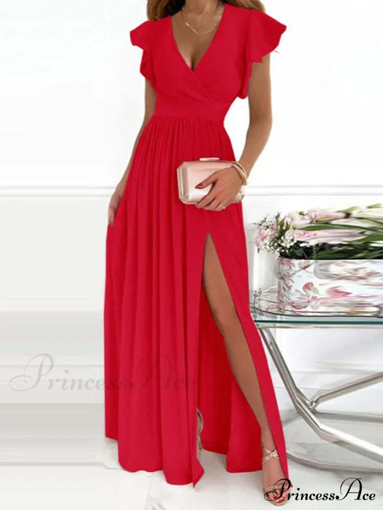 Gown Women’s Solid Butterfly Warm-Season High Party Fork Split Slim V Full-Length Arm Brief Neck