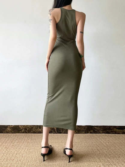 Graceful Hollow Out Spaghetti Midi Dress ArmyGreen / S