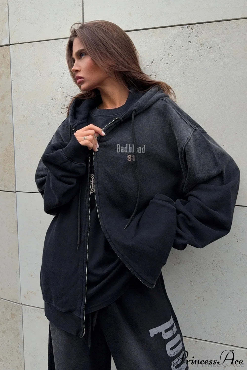 Gradient Letter Distressed Zip Hoodie Grey / S