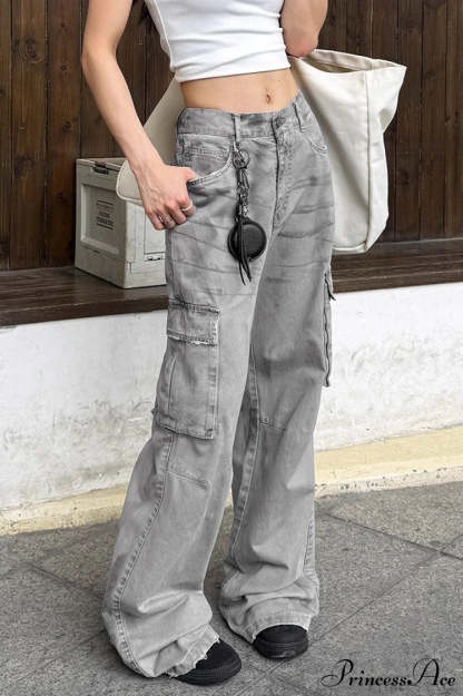 Graffiti Multi-Pocket Micro-Flare Cargo Pants Grey / M