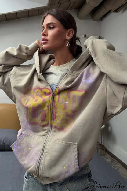Graffiti Vintage Loose Zip Hoodie Brown / S