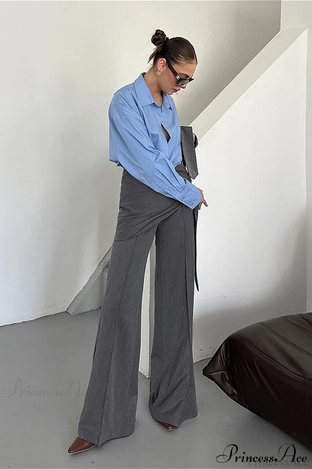 Gray Wide Leg High Waist Blazer Pants