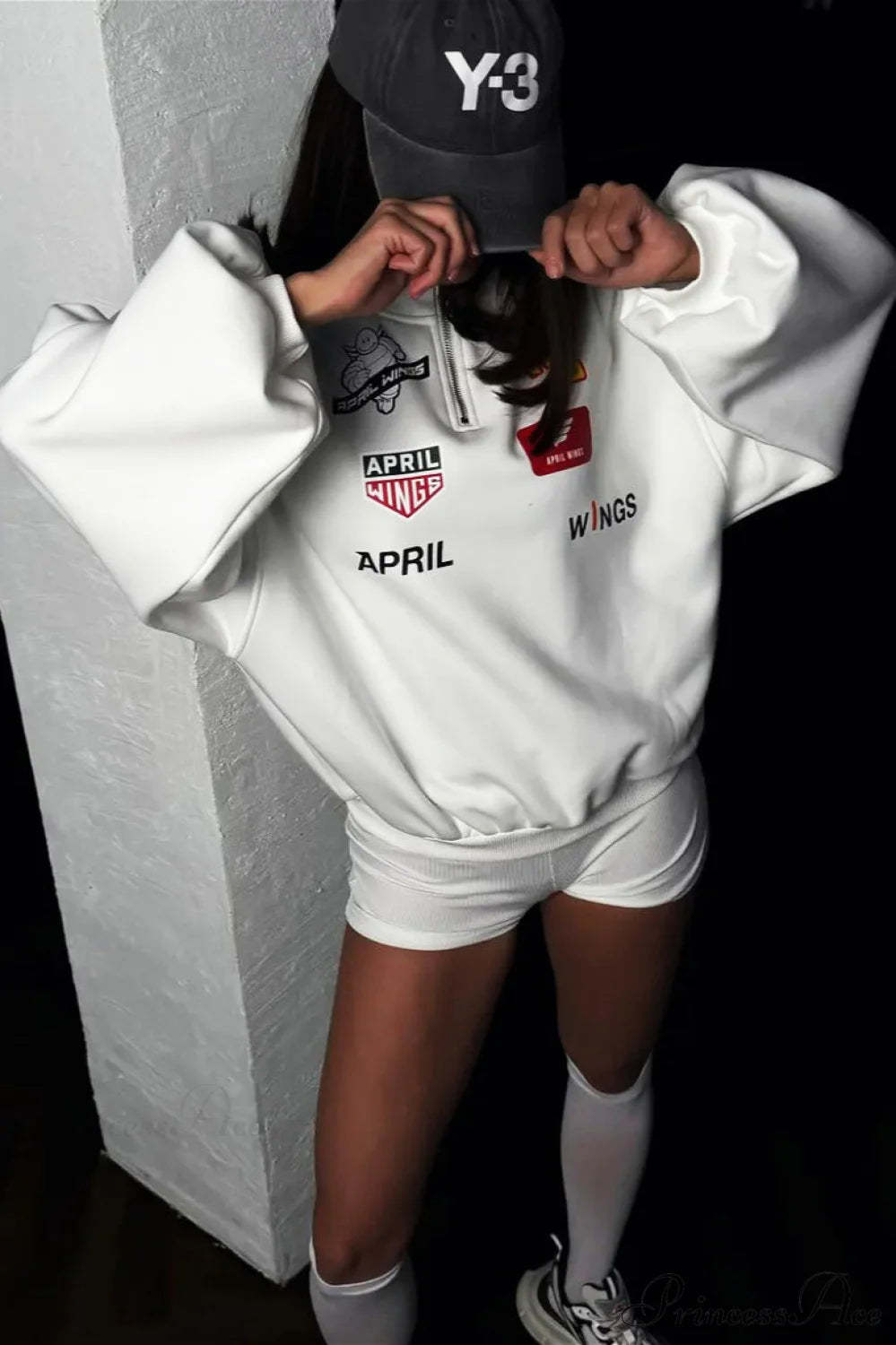 Half Zip Biker Print Stand Collar Loose Sweatshirt