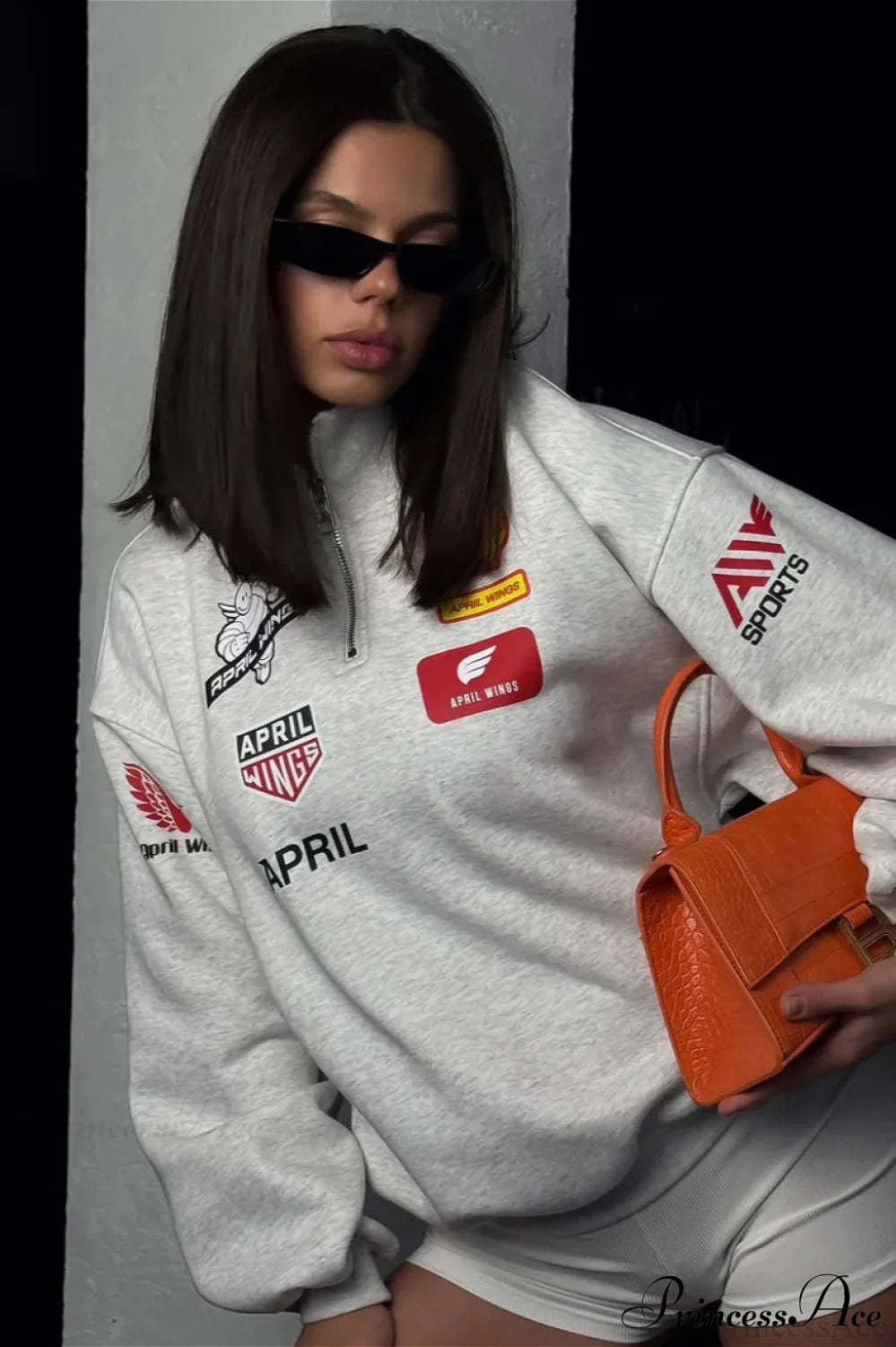 Half Zip Biker Print Stand Collar Loose Sweatshirt