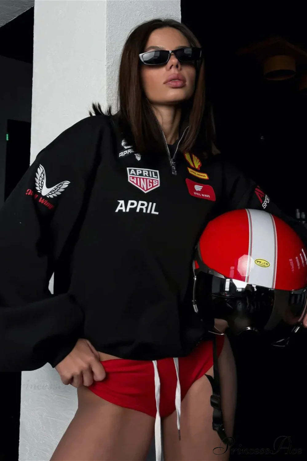 Half Zip Biker Print Stand Collar Loose Sweatshirt Black / S