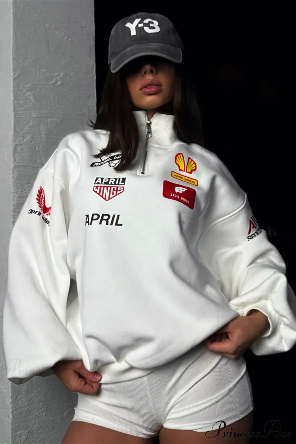 Half Zip Biker Print Stand Collar Loose Sweatshirt White / S