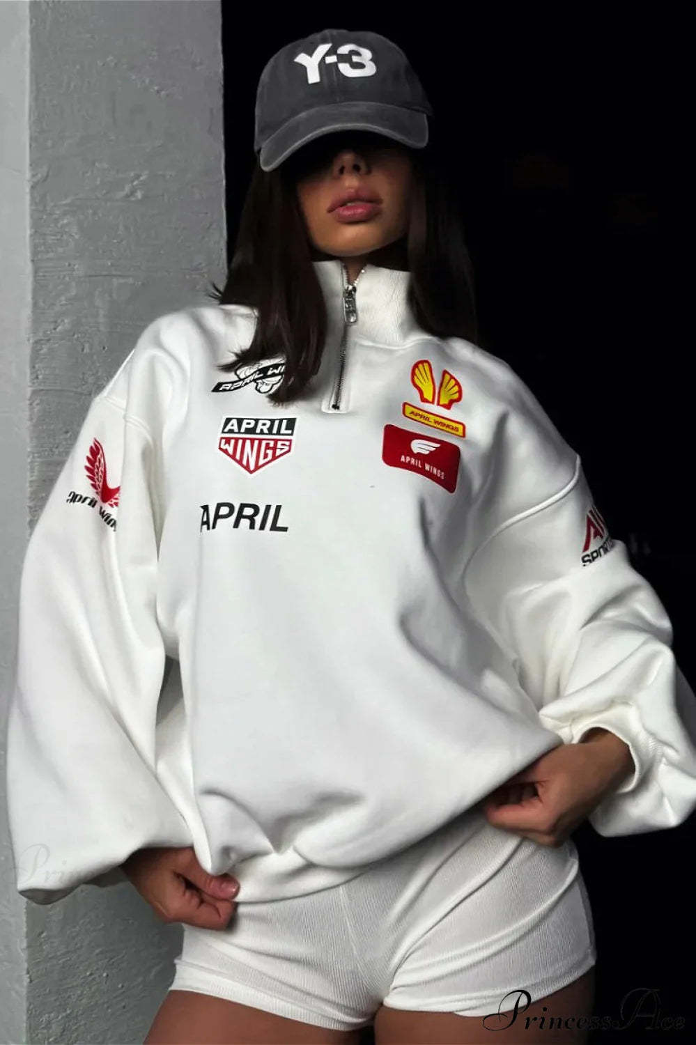 Half Zip Biker Print Stand Collar Loose Sweatshirt White / S