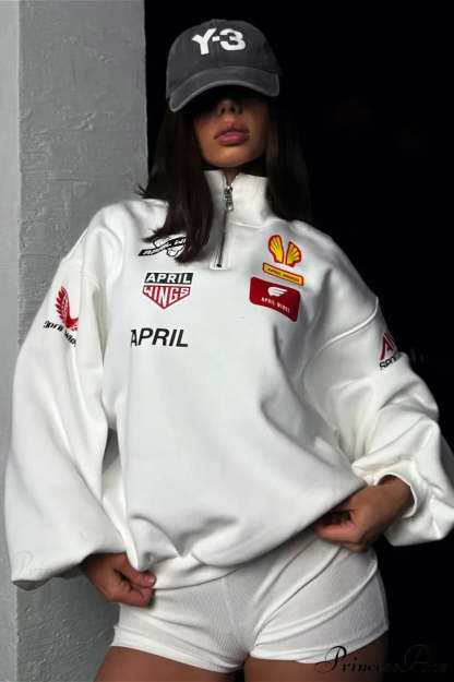 Half Zip Biker Print Stand Collar Loose Sweatshirt White / S