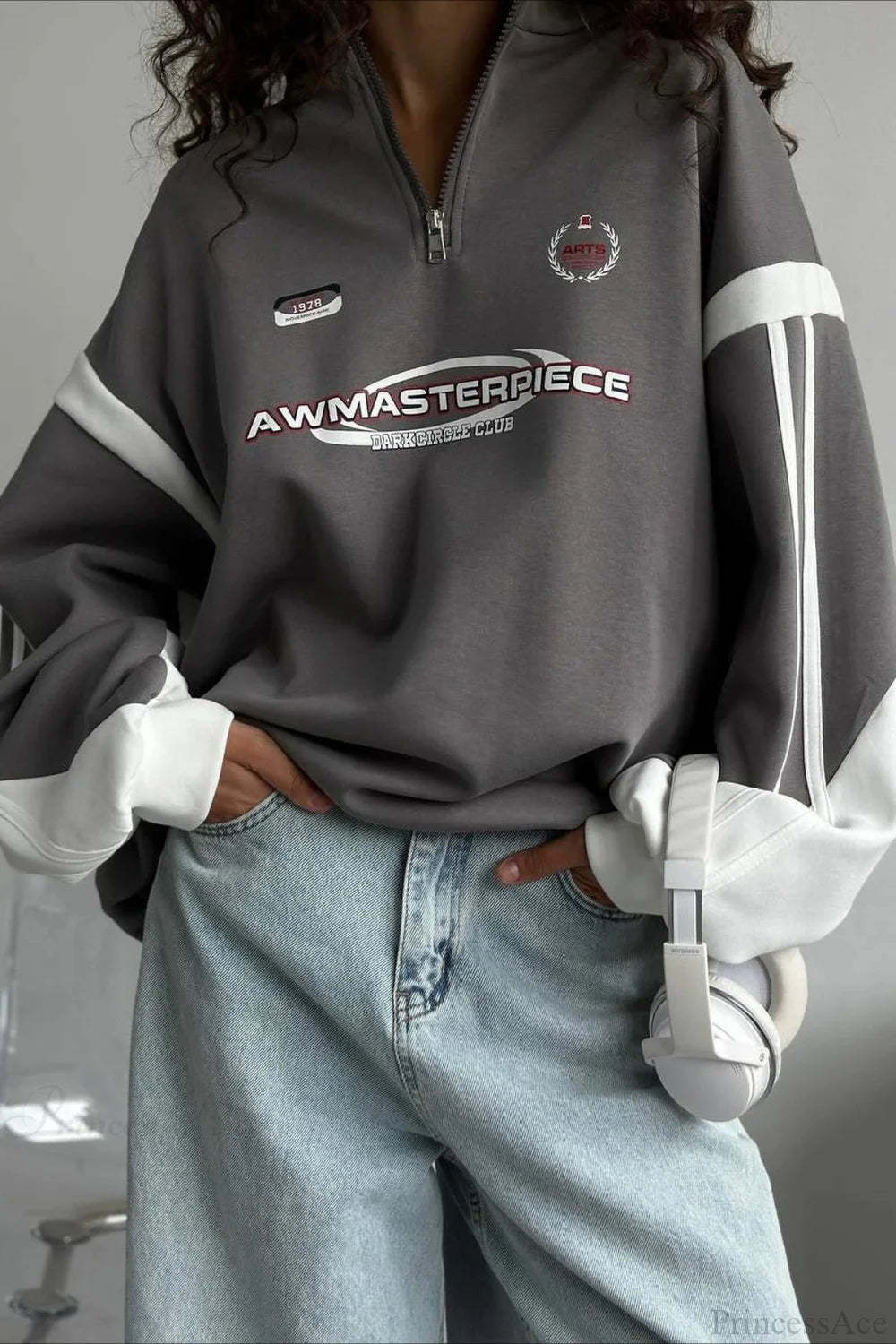 Half-Zip Stand Collar Letter Print Hoodie Dark Gray / S