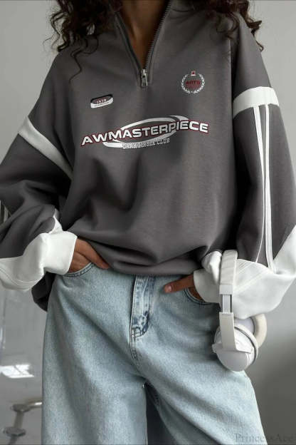 Half-Zip Stand Collar Letter Print Hoodie Dark Gray / S