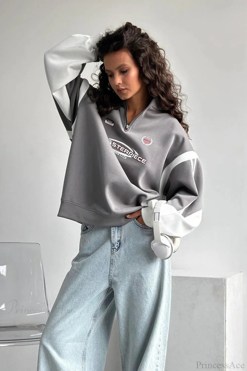 Half-Zip Stand Collar Letter Print Hoodie Grey / S