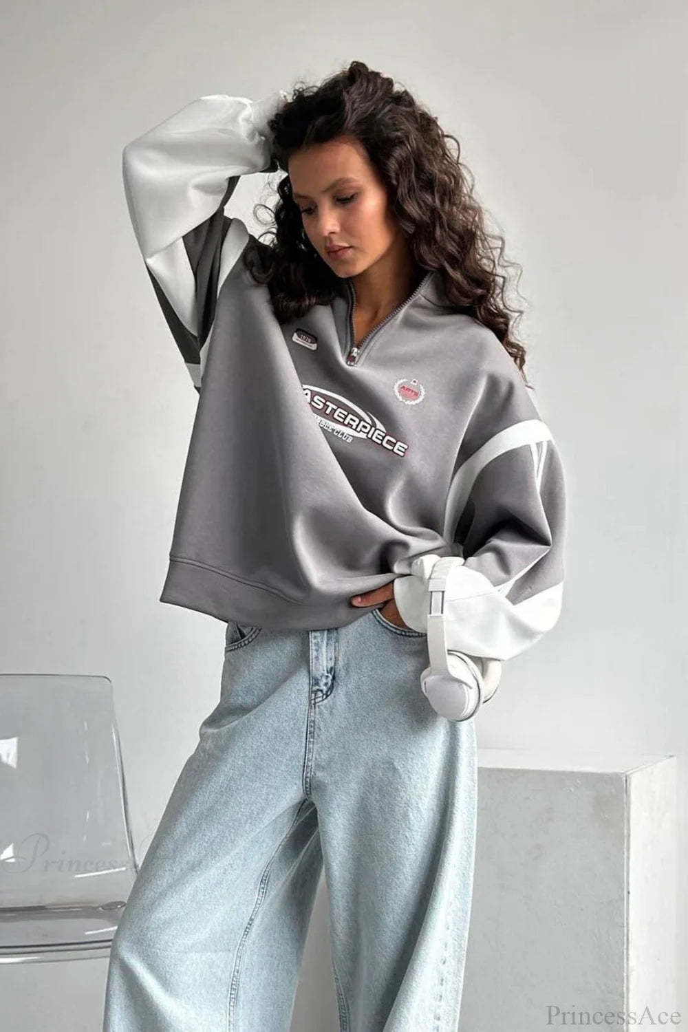 Half-Zip Stand Collar Letter Print Hoodie Grey / S