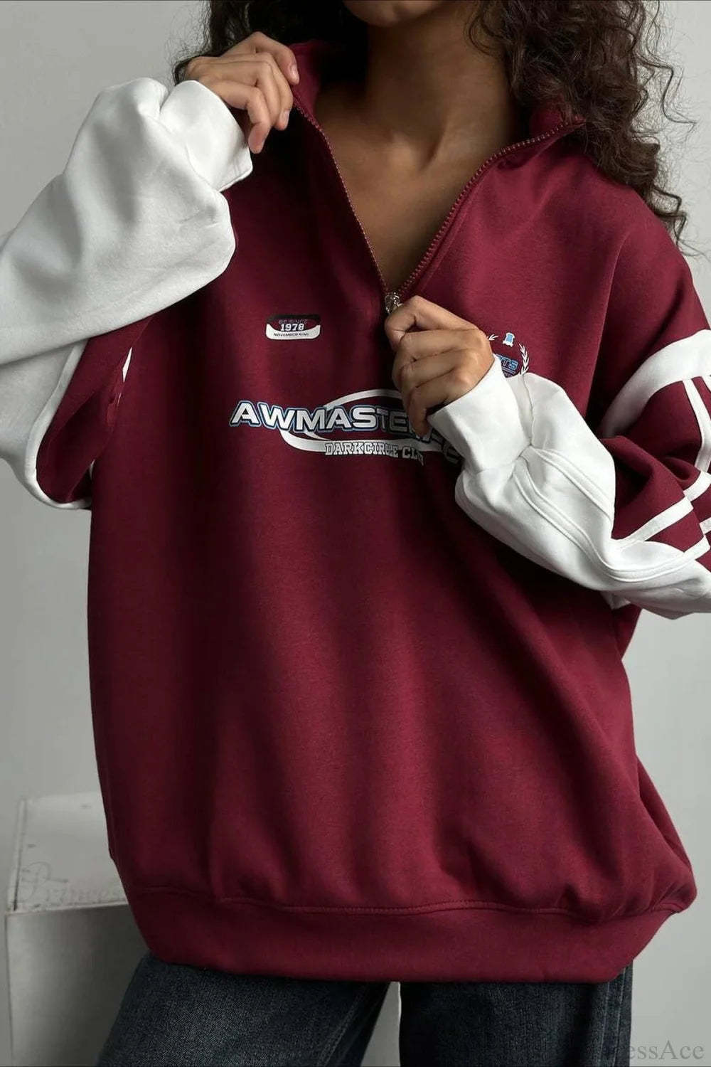 Half-Zip Stand Collar Letter Print Hoodie Red / S