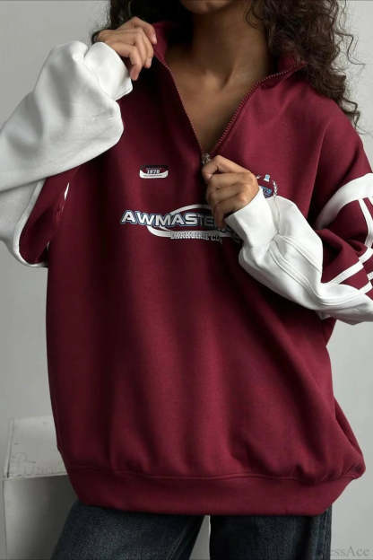 Half-Zip Stand Collar Letter Print Hoodie Red / S