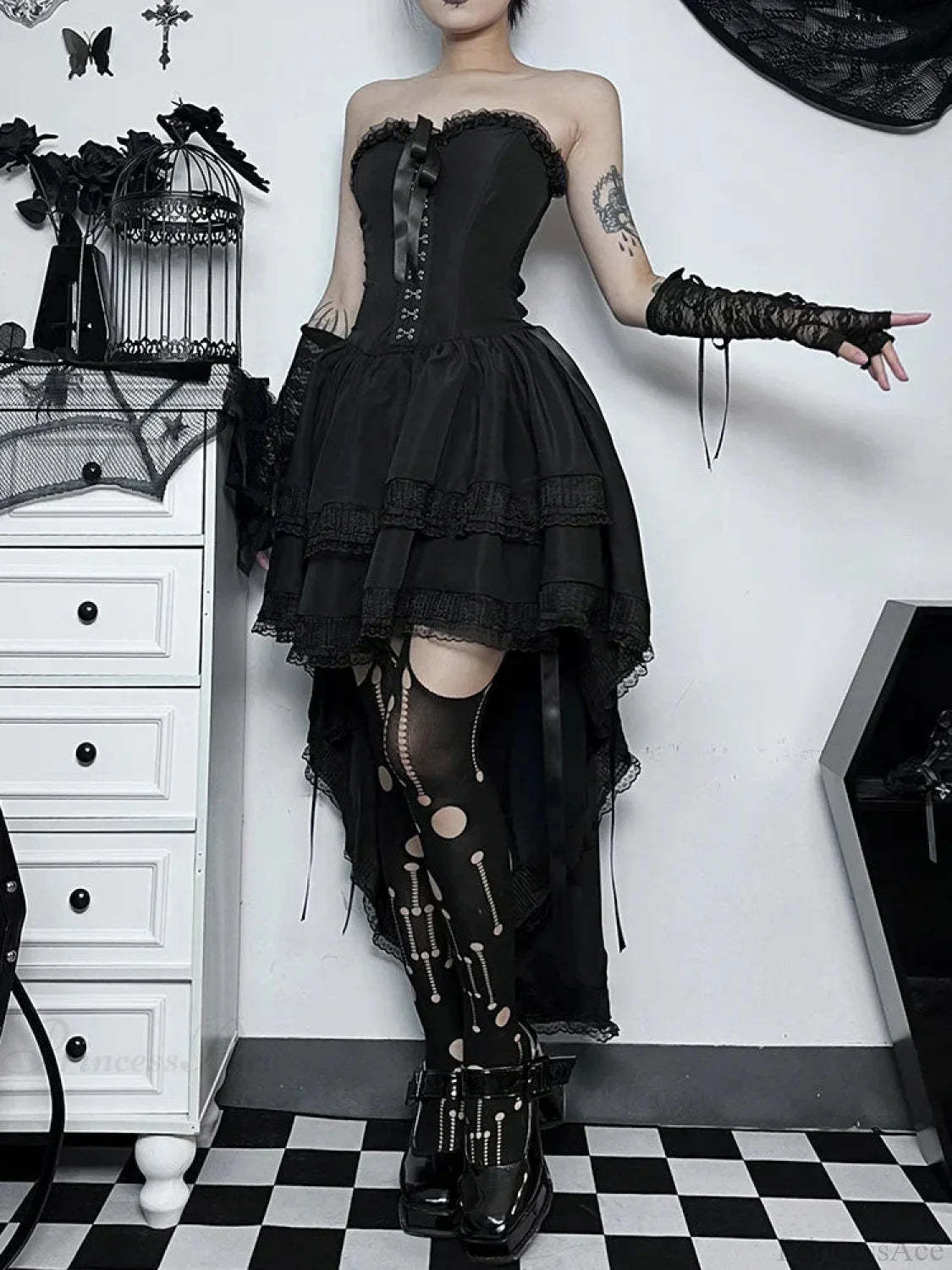 Halloween Lace Patchwork Corset Midi Dress Black / S