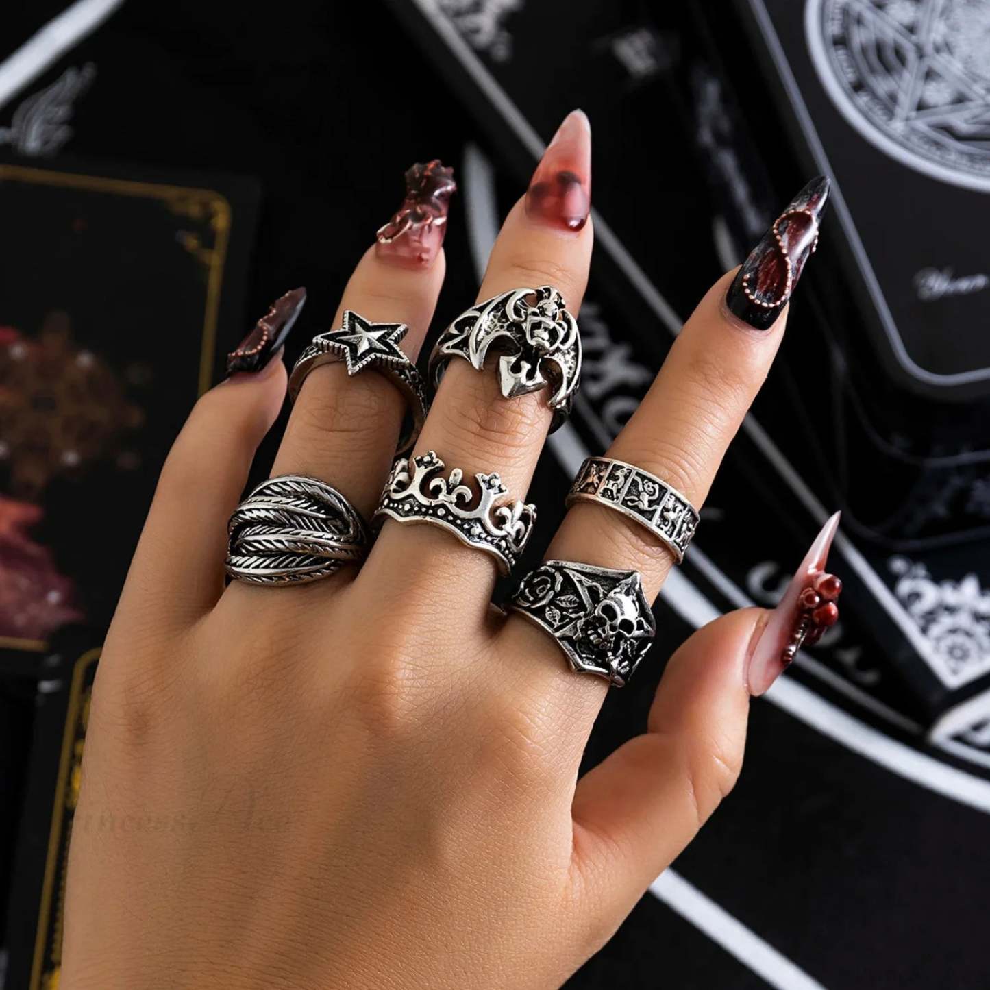 Halloween Mysterious Skull Star Ring silver color