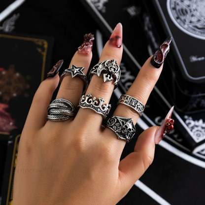 Halloween Mysterious Skull Star Ring silver color