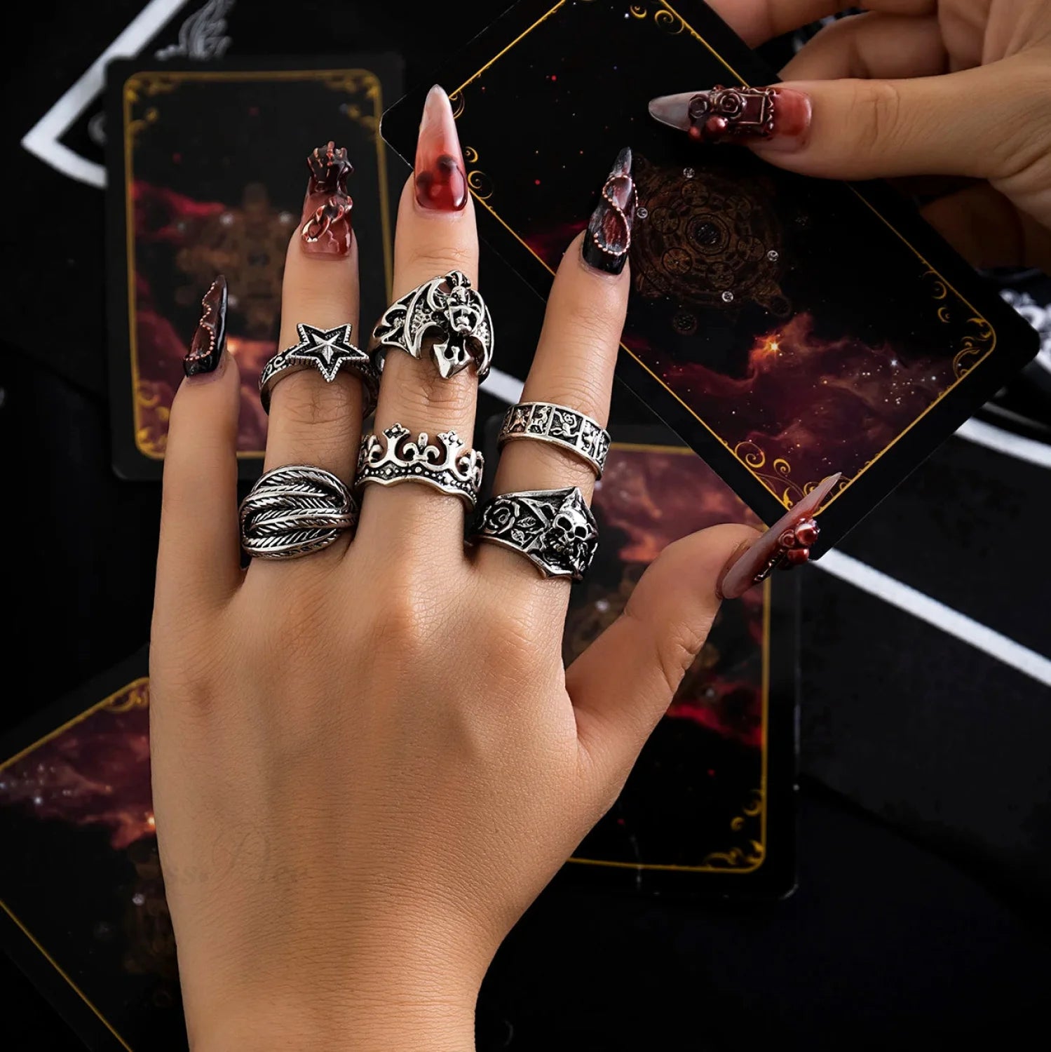 Halloween Mysterious Skull Star Ring silver color