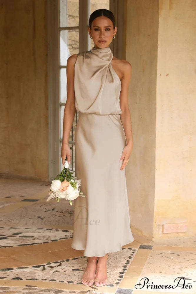 Halter Sleeveless Stylish Satin Bridesmaid Dress