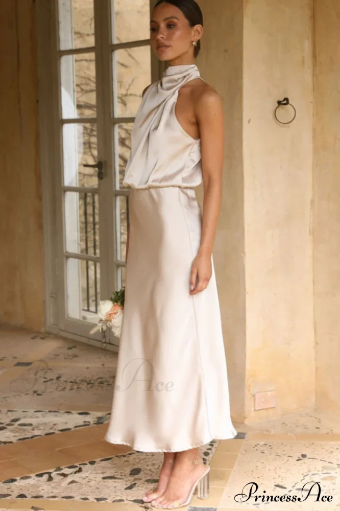 Halter Sleeveless Stylish Satin Bridesmaid Dress