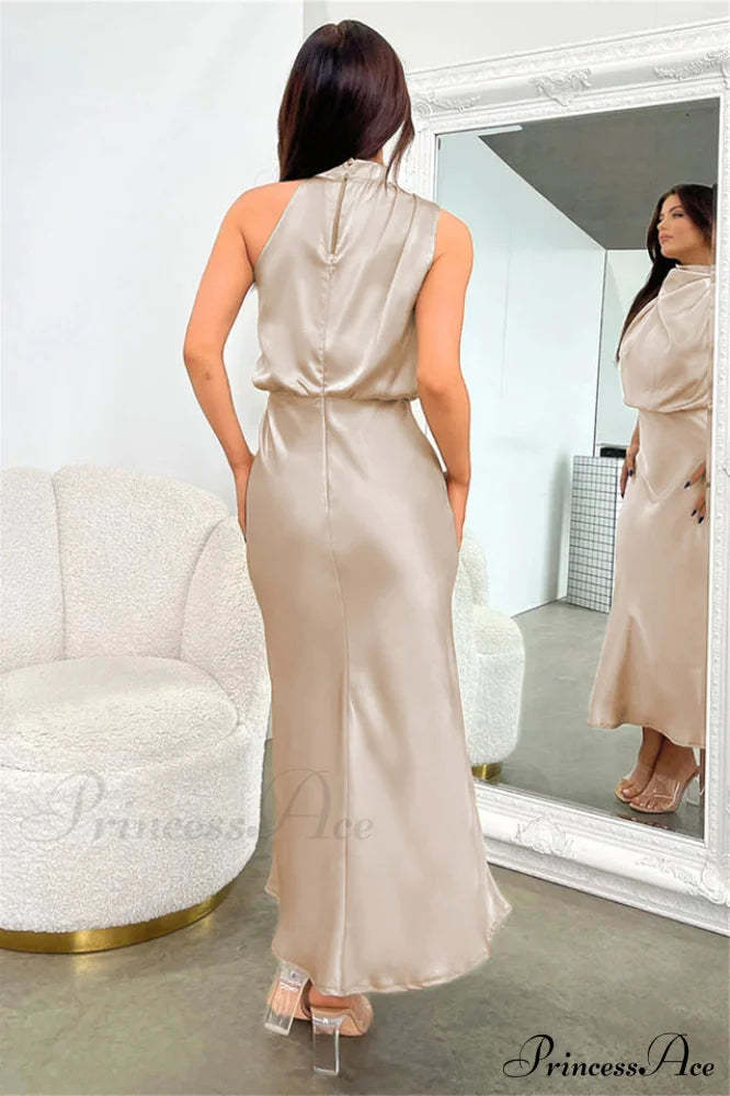 Halter Sleeveless Stylish Satin Bridesmaid Dress