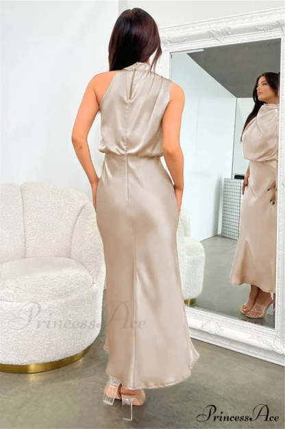 Halter Sleeveless Stylish Satin Bridesmaid Dress