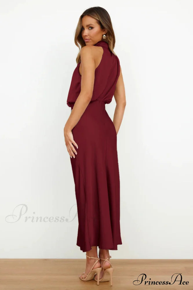 Halter Sleeveless Stylish Satin Bridesmaid Dress