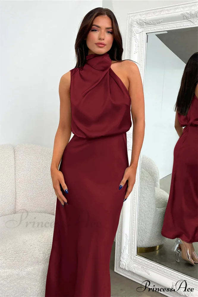 Halter Sleeveless Stylish Satin Bridesmaid Dress