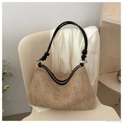 Handmade Braid Straw Beach Shoulder Bag Black shoulder-250126
