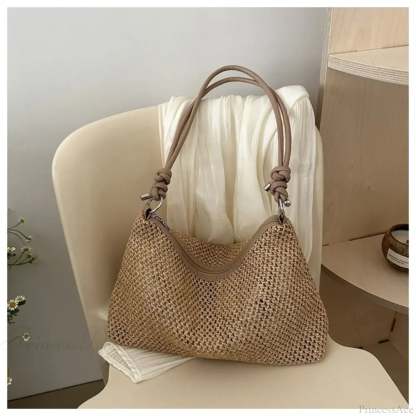 Handmade Braid Straw Beach Shoulder Bag khaki shoulder-250126