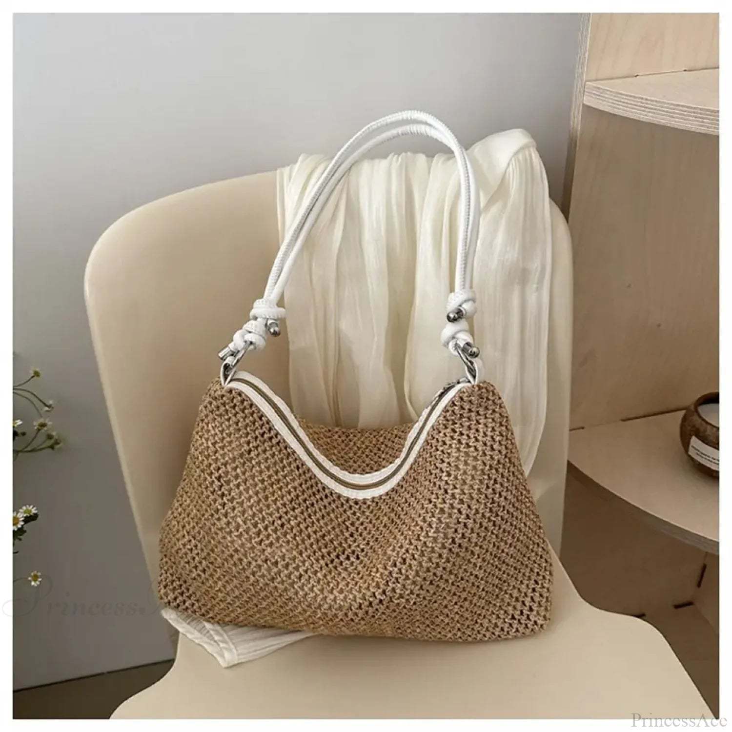 Handmade Braid Straw Beach Shoulder Bag White shoulder-250126