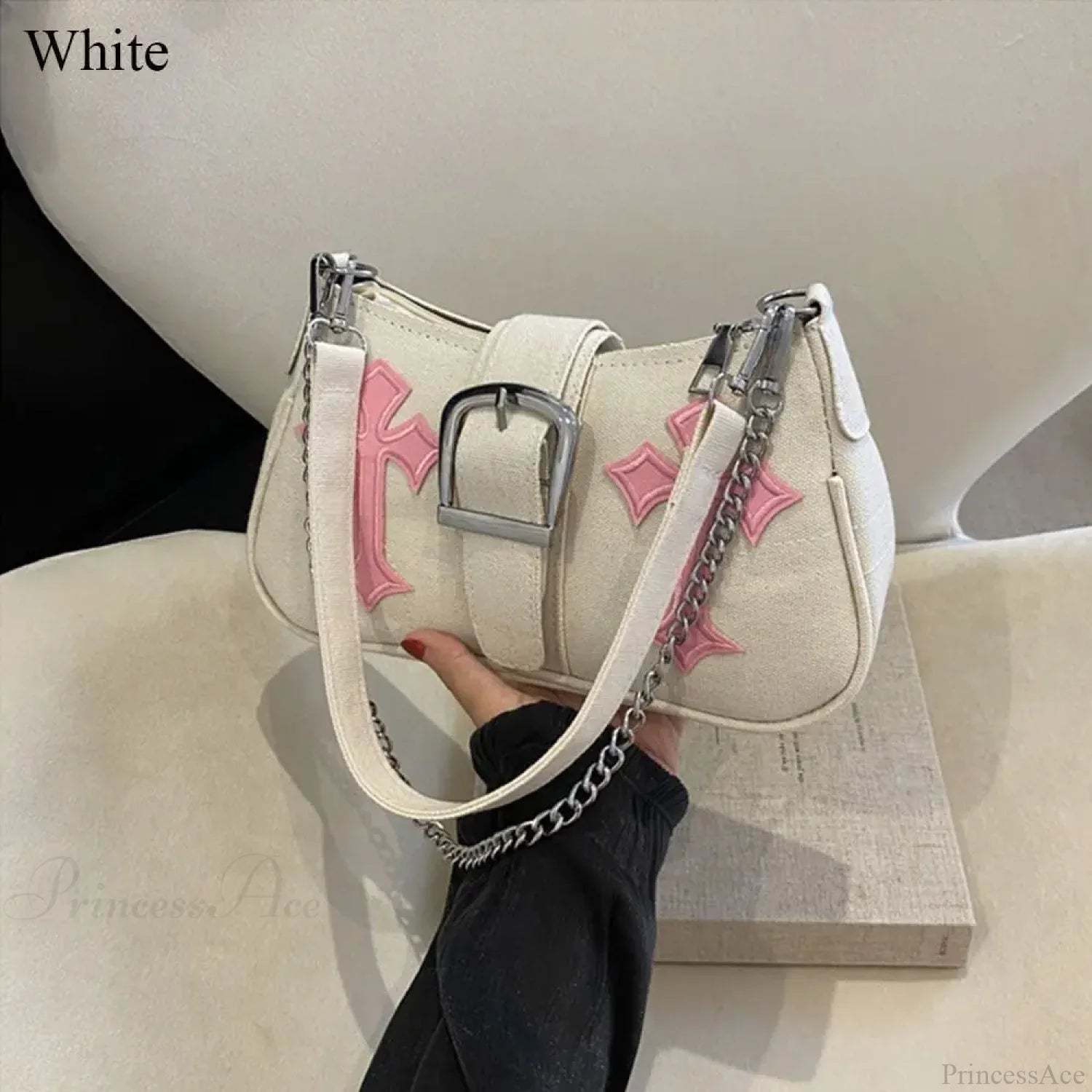 Hasp Metal Buckle Canvas Shoulder Bag White shoulder-250126