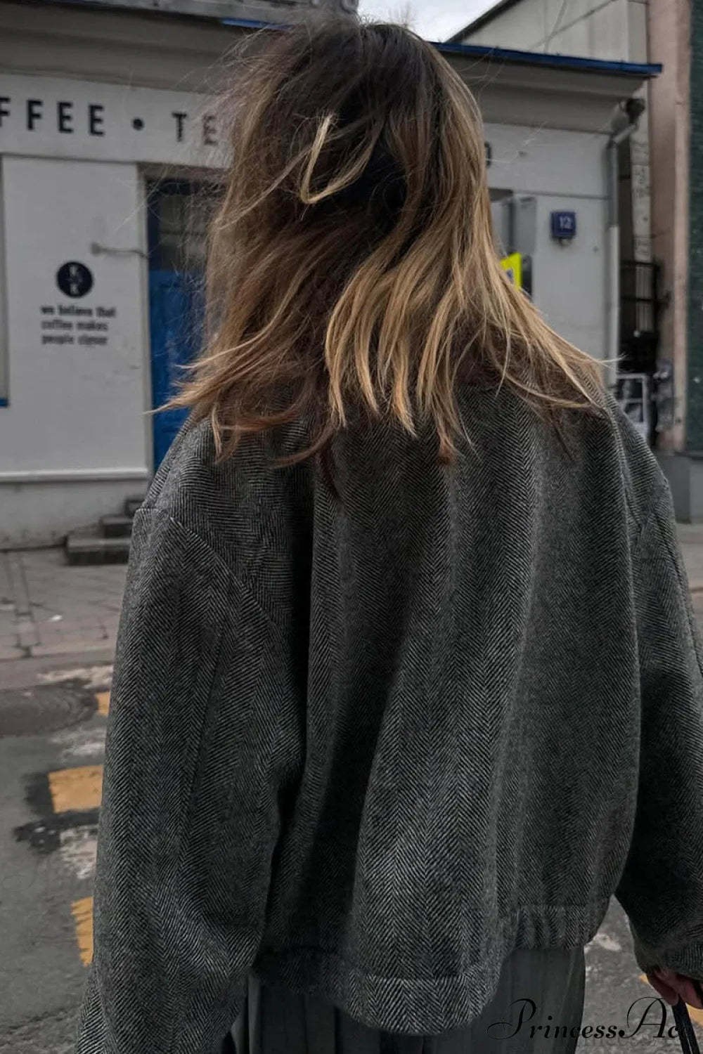 Herringbone Stand Collar Zip Pocket Coat