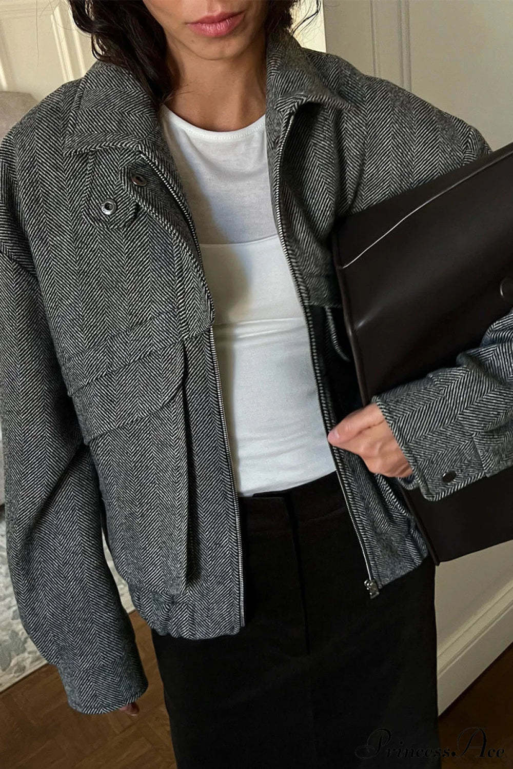 Herringbone Stand Collar Zip Pocket Coat