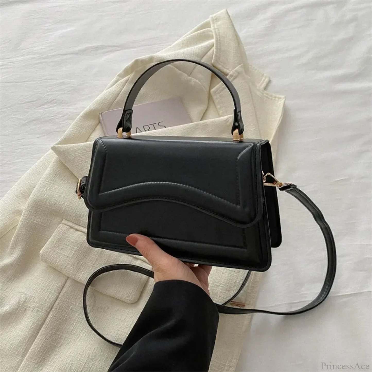 High-Quality PU Leather Solid Color Crossbody Handbag Black handbag-250126