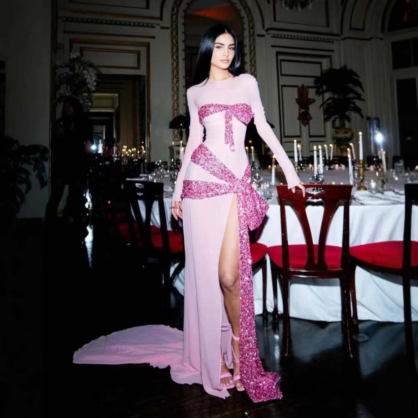 High Slit Sequin Mesh Prom Dress promdress-250223