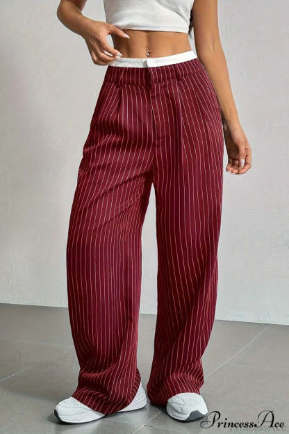 High Waist Patchwork Drapey Straight Leg Pants Burgundy / S