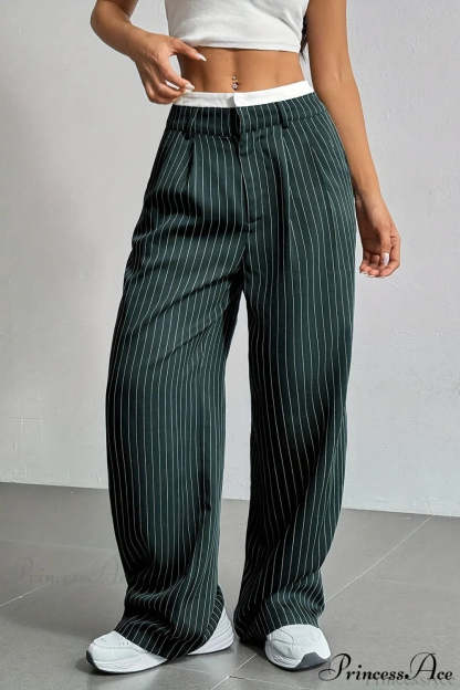 High Waist Patchwork Drapey Straight Leg Pants Dark Green / S