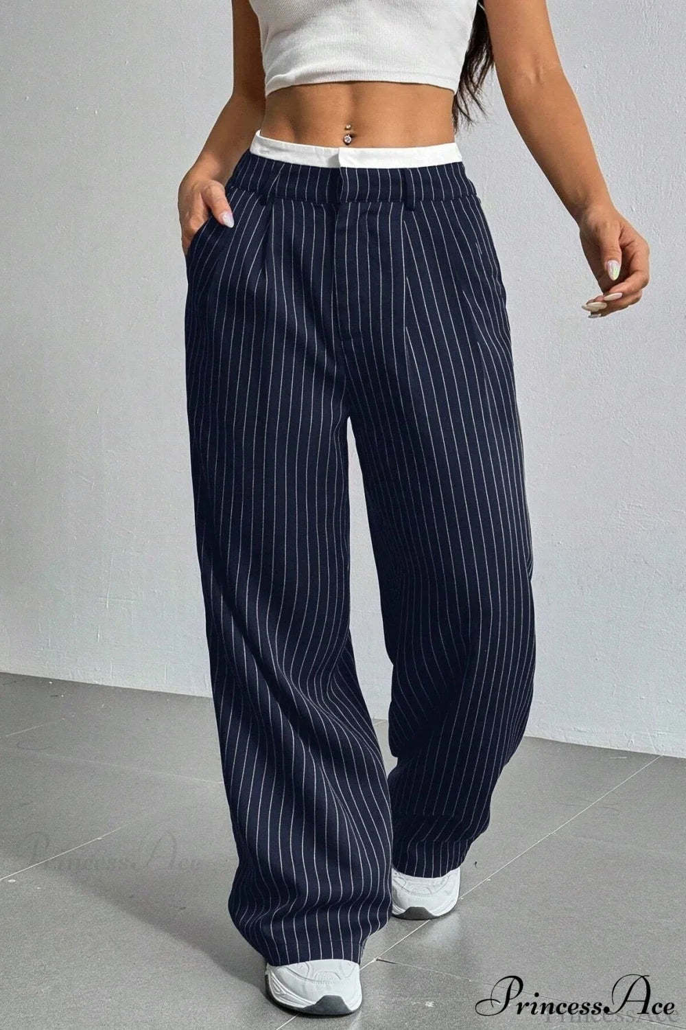 High Waist Patchwork Drapey Straight Leg Pants Navy Blue / S