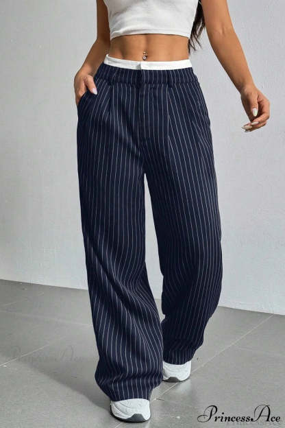 High Waist Patchwork Drapey Straight Leg Pants Navy Blue / S