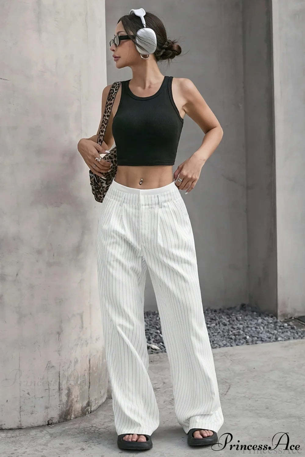 High Waist Patchwork Drapey Straight Leg Pants White / S