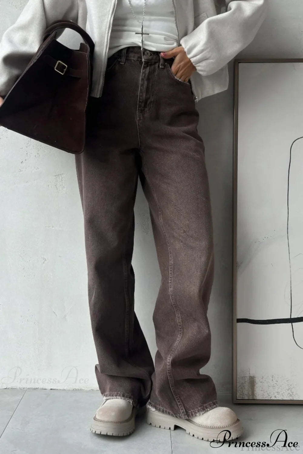 High Waisted Brown Straight Leg Jeans Brown / S