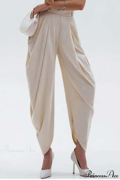 High-Waisted Loose Drapey Ruched Pants Apricot / XS