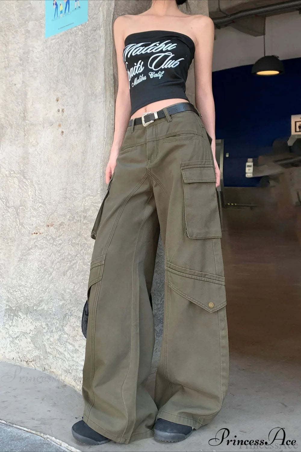 High-Waisted Wide-Leg Fitted Cargo Pants Green / XS