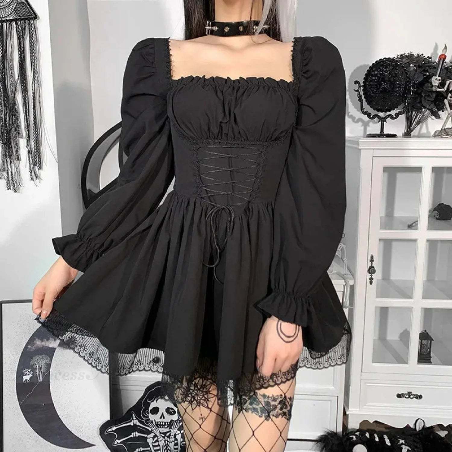 Ivory Lace Puff Small Dress black / S