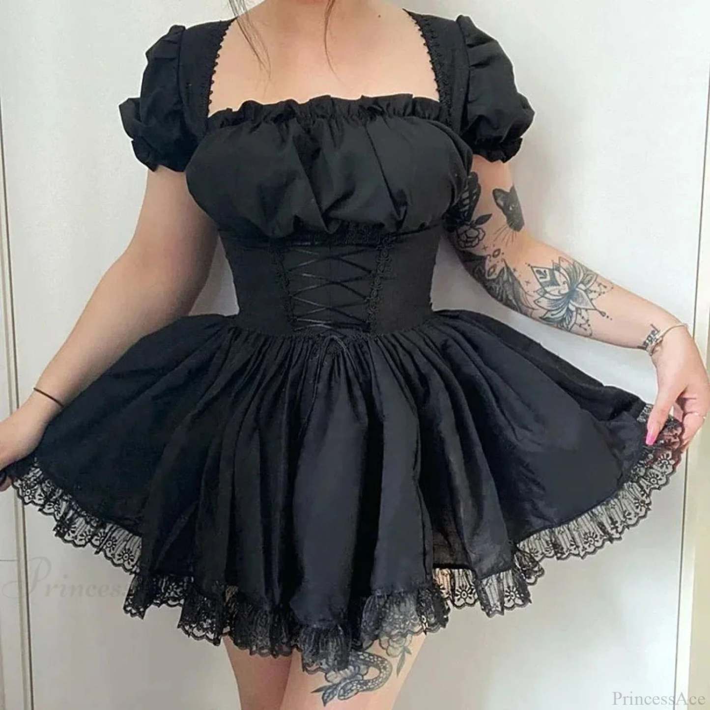Ivory Lace Puff Small Dress Short black / S