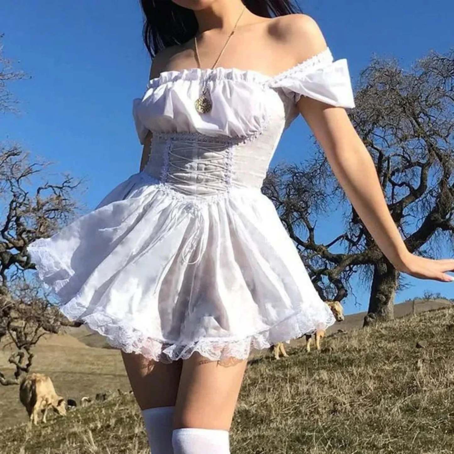 Ivory Lace Puff Small Dress Short white / S